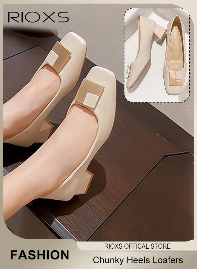 RIOXS Women's Closed Square Toe Pumps, Comfortable Block Low Heel Dress Shoes with Metal Buckle (Beige) vfkfu
