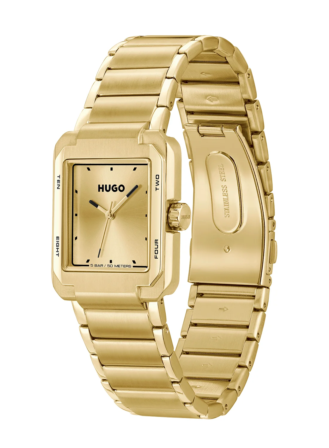 Premium Rectangle Analog Watch with Gold Case and Stainless Steel Band for Men t9gy8