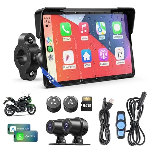 Premium Motorcycle CarPlay Screen with Android Auto 7-Inch Waterproof GPS Navigation System (Dual 4K Dash Cam, Bluetooth Audio, BSD, TPMS) vs7n2