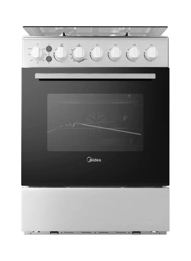 Midea Freestanding Gas Cooker with Convection Fan 4 Burners and Cast Iron Pan Support (Silver, 60cm) 7k6a0