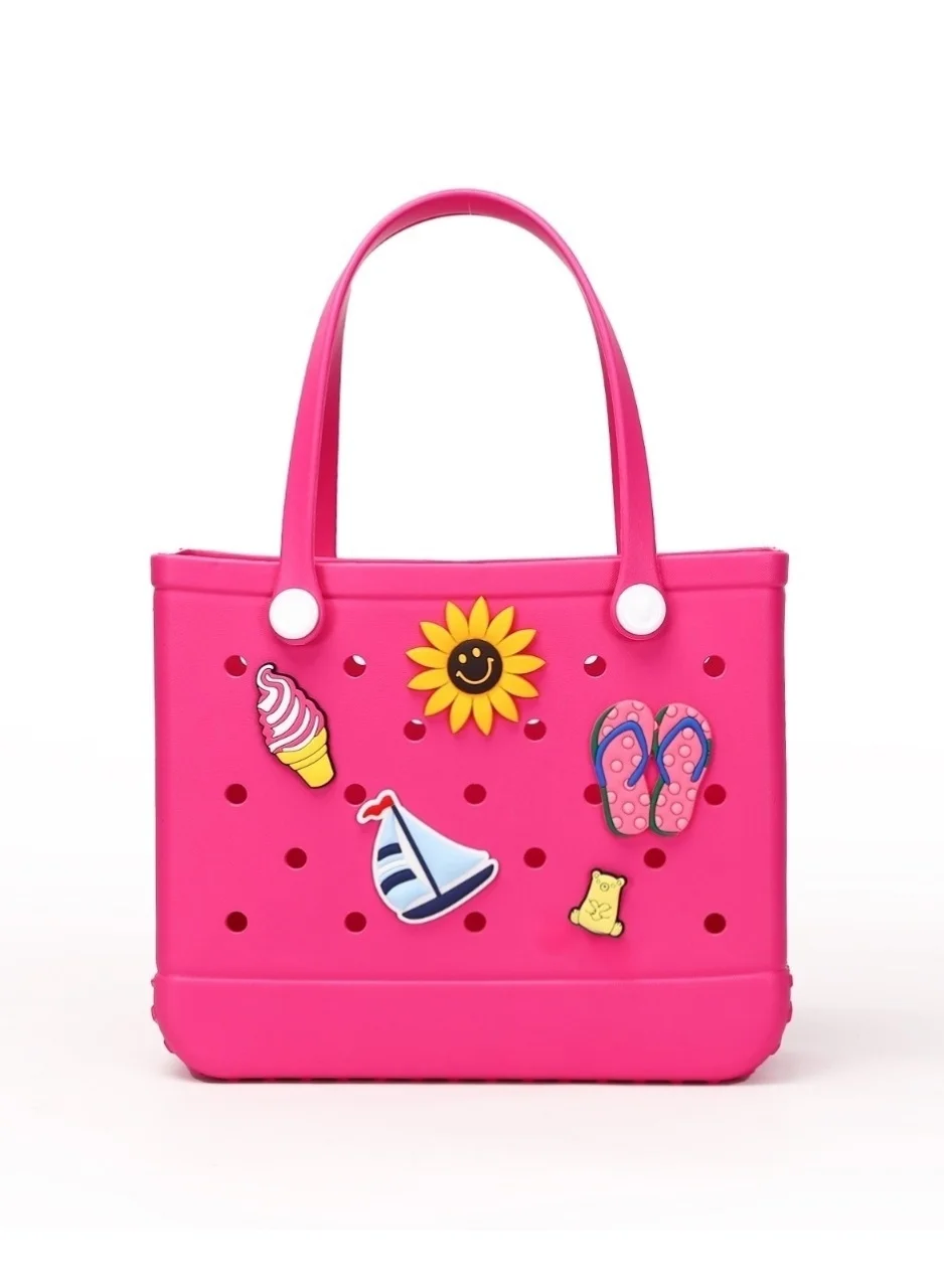 Premium EVA Rubber Beach Tote Bag with 5 Summer Charms Waterproof Durable Carryall for Women and Family (Magenta, 48x32x20 cm) 6du4w