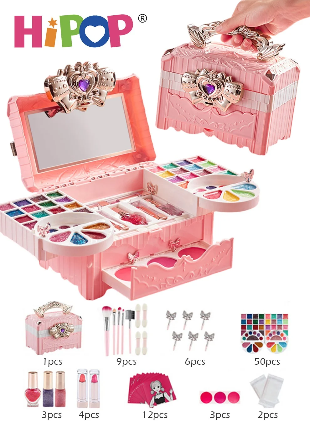 HIPOP Kids Makeup Set Pretend Play Cosmetic Kit (90 Pieces, Washable, Nontoxic) for Girls 9mepi