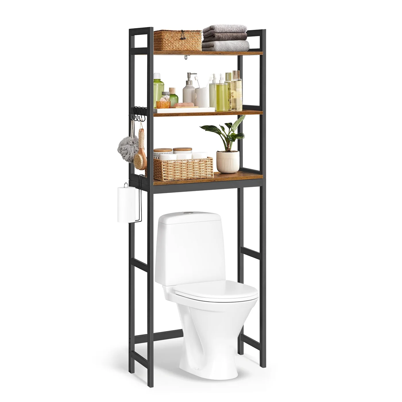 Premium Bamboo Over-The-Toilet Storage Organizer 3-Tier Bathroom Space Saver Shelf with Adjustable Shelves and Hooks (Rustic Brown and Ink Black) 5vukg