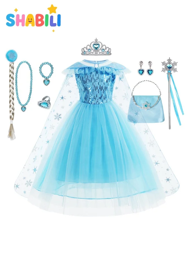 SHABILI Kids Ice Princess Costume Set 8PCS Sequin Snow Queen Fancy Dress with Accessories (Blue, 100-150cm) 24ame