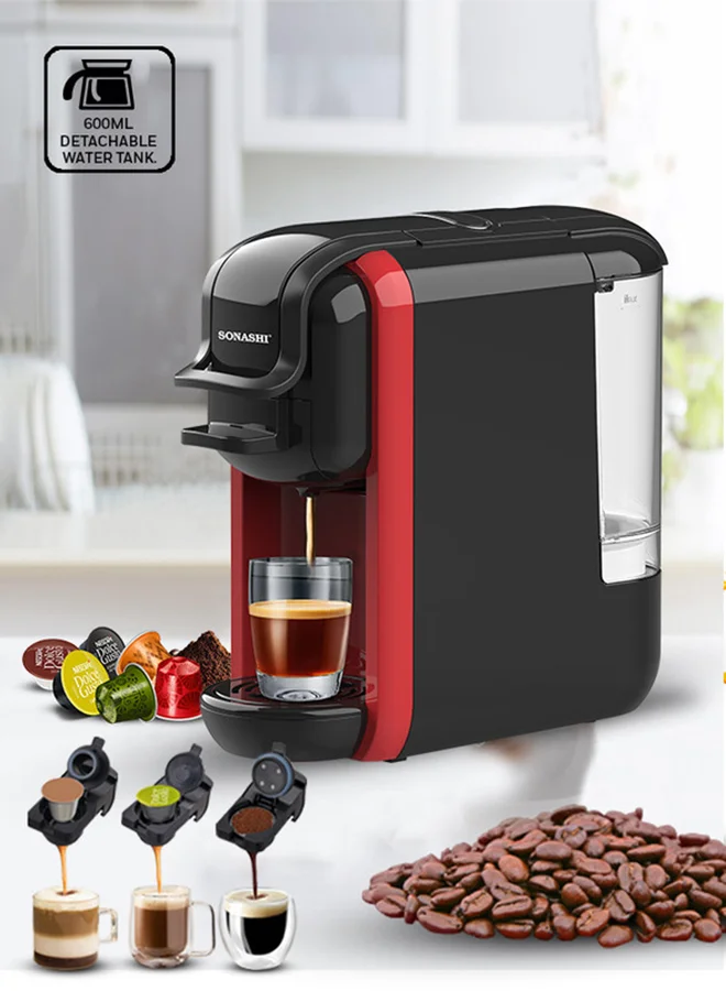 Premium 3-in-1 Multifunction Espresso Coffee Machine with 600mL Detachable Water Tank and 1450W Power (Black, 600 mL) lwswi