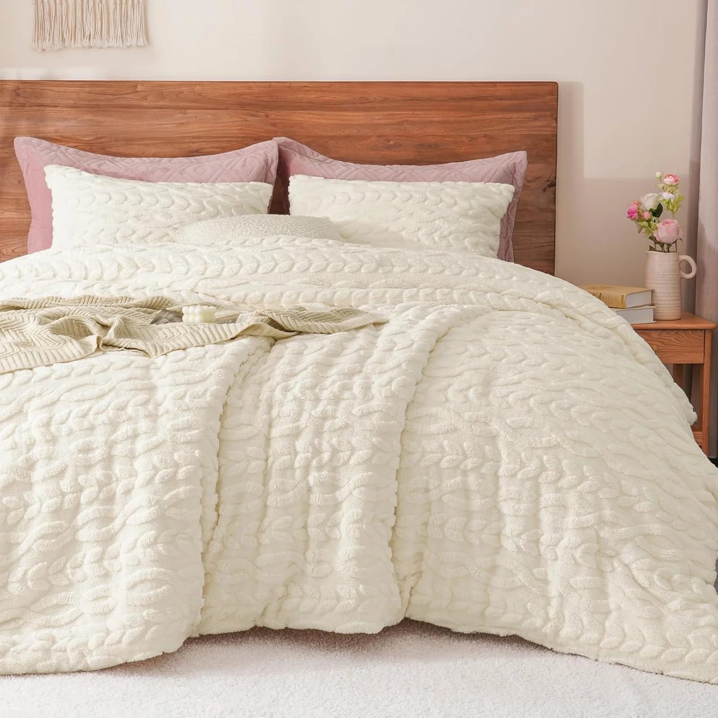 PHF 3-Piece Fluffy Sherpa Fleece Queen Comforter Set, Premium Tufted Plush Bedding for Winter (Cream, 230cm x 230cm) jb535