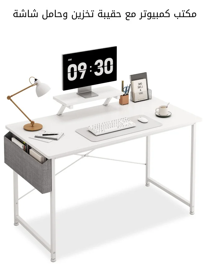 SHEIDLIN Modern Home Office Computer Desk with Monitor Stand and Storage Bag (White, 110 x 50 x 73 cm) jmiu5