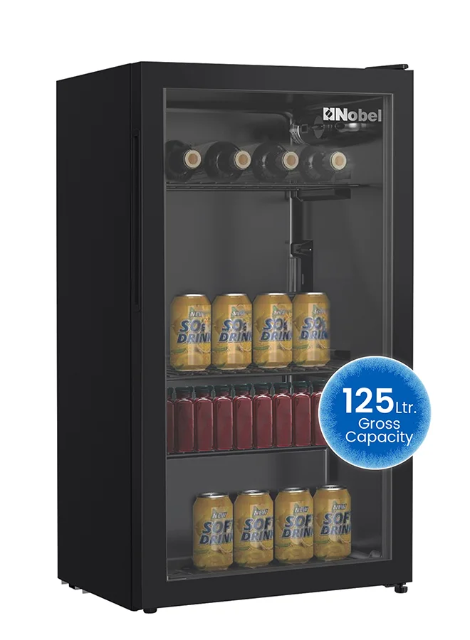 Nobel Beverage Chiller with Glass Door, 85L Net Capacity, Adjustable Temperature, LED Interior Light, Energy Efficient (Black, 85 L) f3rc8