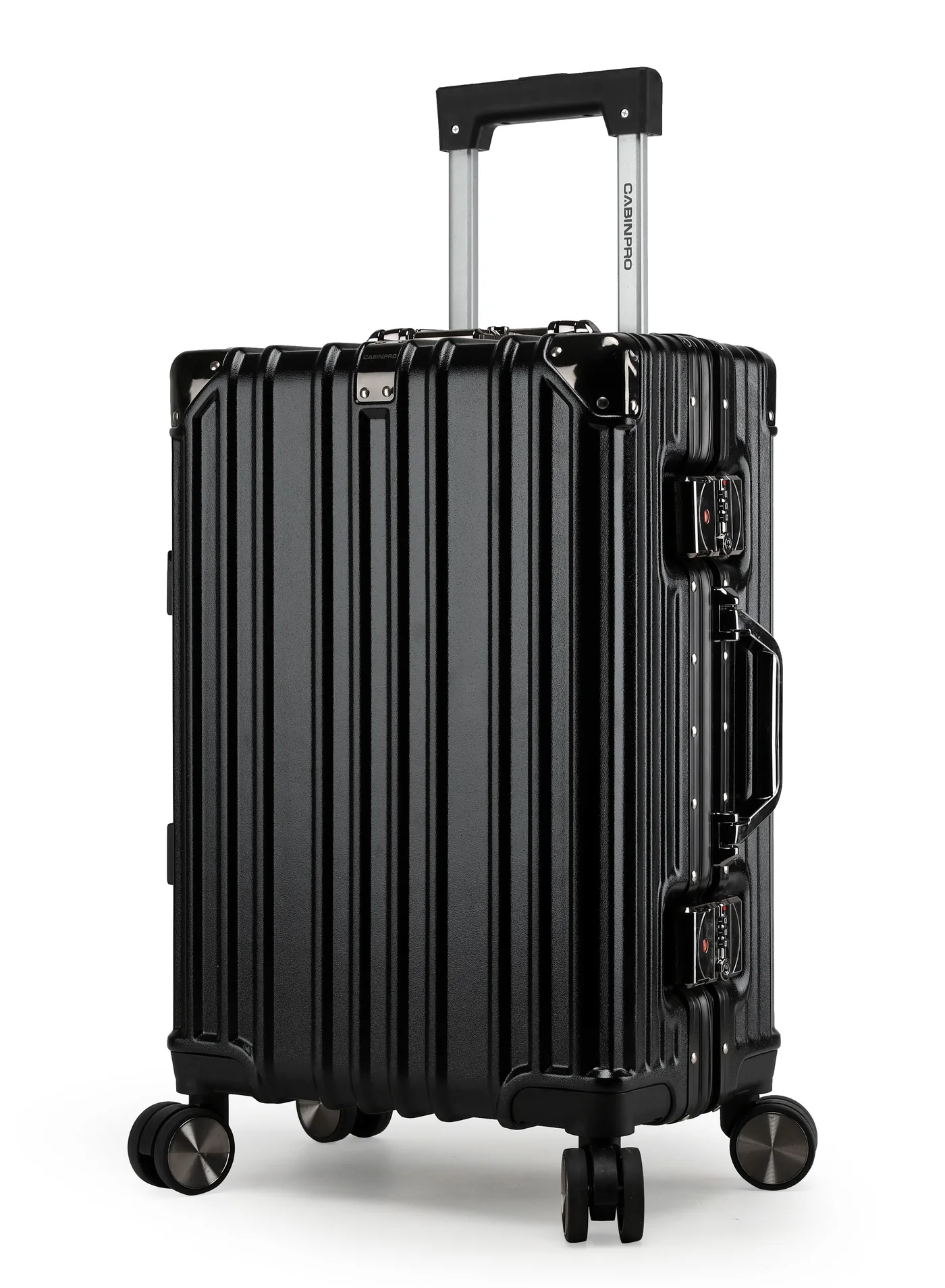 CABINPRO Lightweight Polycarbonate Hard Shell Carry On Suitcase with Aluminum Frame and 360¡ã Spinner Wheels (Black, 55 cm) 0lc3z