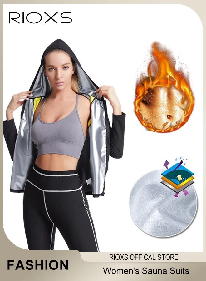 RIOXS Women's Sauna Sweat Jacket Long Sleeve Zipper Shapewear for Fitness Training (Black, L) 9hgxb