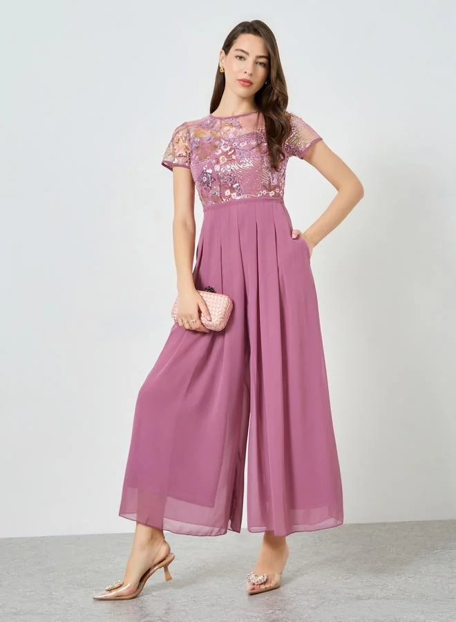 Styli Pink Sequin Bodice Wide Leg Jumpsuit Premium Evening Wear for Women 60v67