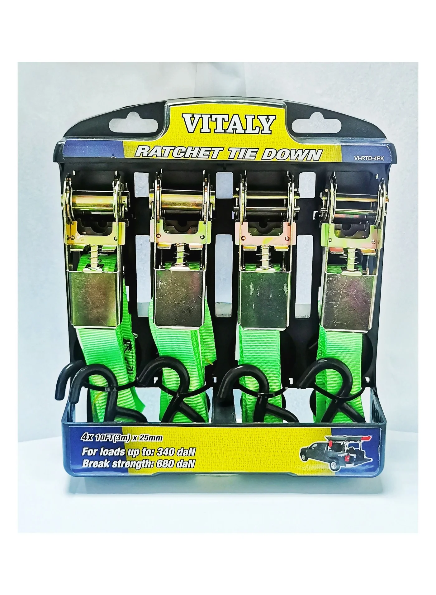 Vitaly Heavy Duty Ratchet Tie Down Straps with Metal S-Hooks for Cargo and Motorcycle (4 Pack, 3m x 25mm) e5x90