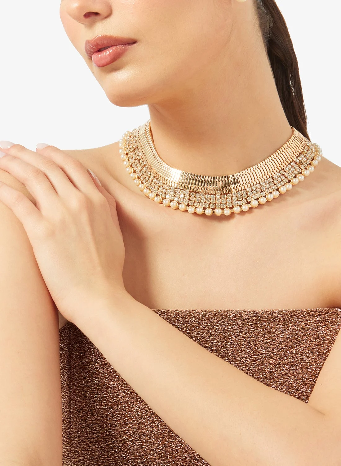 Khizana Gold Pearl Embellished Choker Necklace Elegant Statement Jewelry for Women (One Size) fm3zh