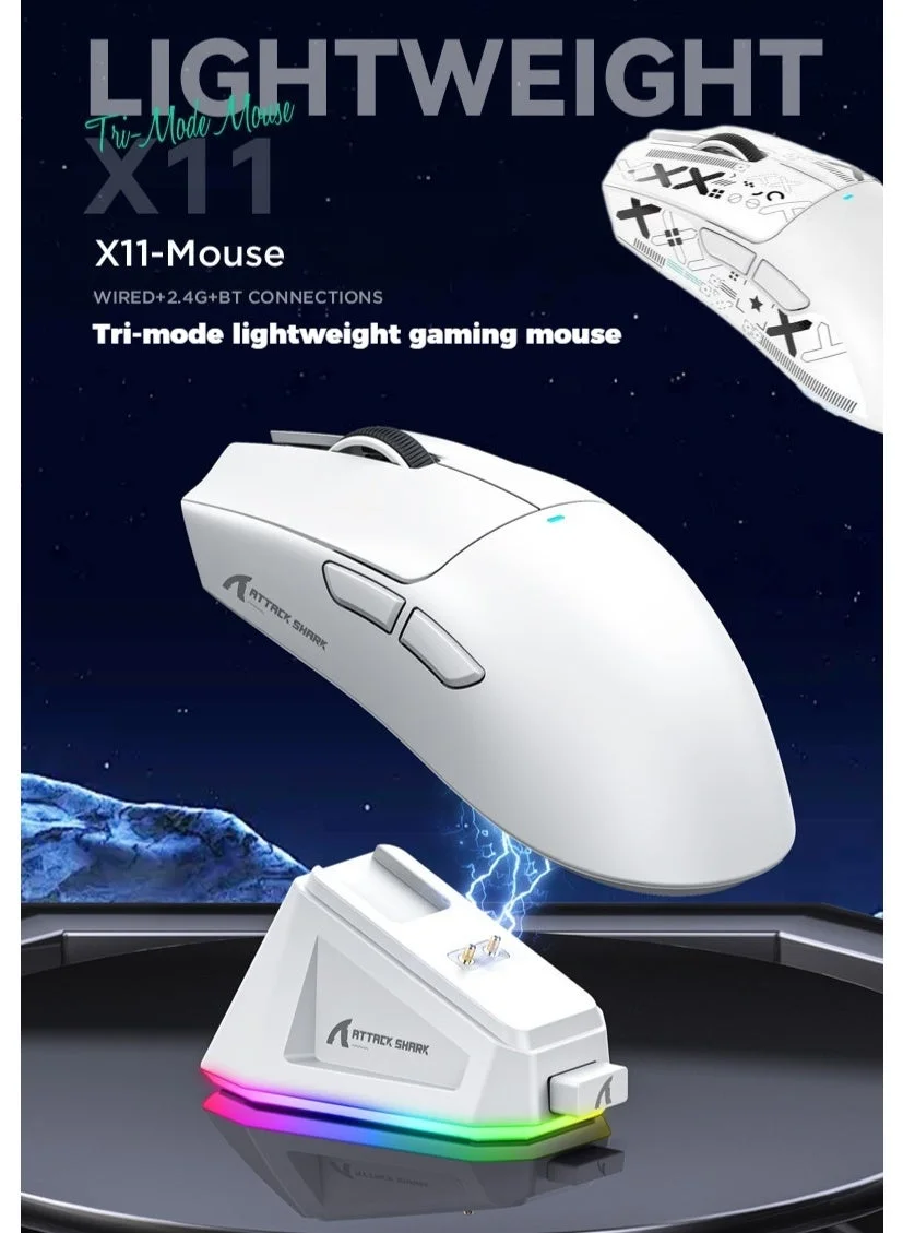 Attack Shark X11 Tri-Mode Wireless Gaming Mouse (22K DPI, Magnetic Charging Dock, Bluetooth/2.4G/Wired, White) cdmfq