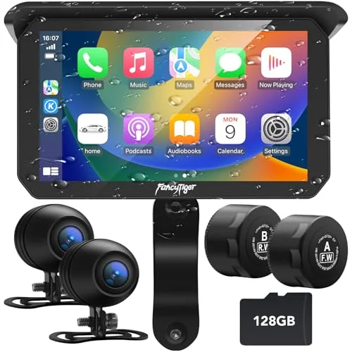 FancyTiger Portable 5-Inch Wireless Motorcycle CarPlay Screen with Dual Dash Cam GPS Navigation and 128GB SD Card (Waterproof Touch Screen) bx35r