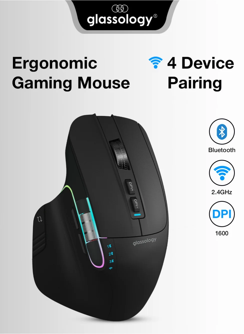 Glassology Ergonomic Wireless Mouse Dual-Mode Bluetooth 5.0 & 2.4GHz Rechargeable Gaming Mouse with 8 Programmable Buttons and RGB Lighting (Black) tkrid