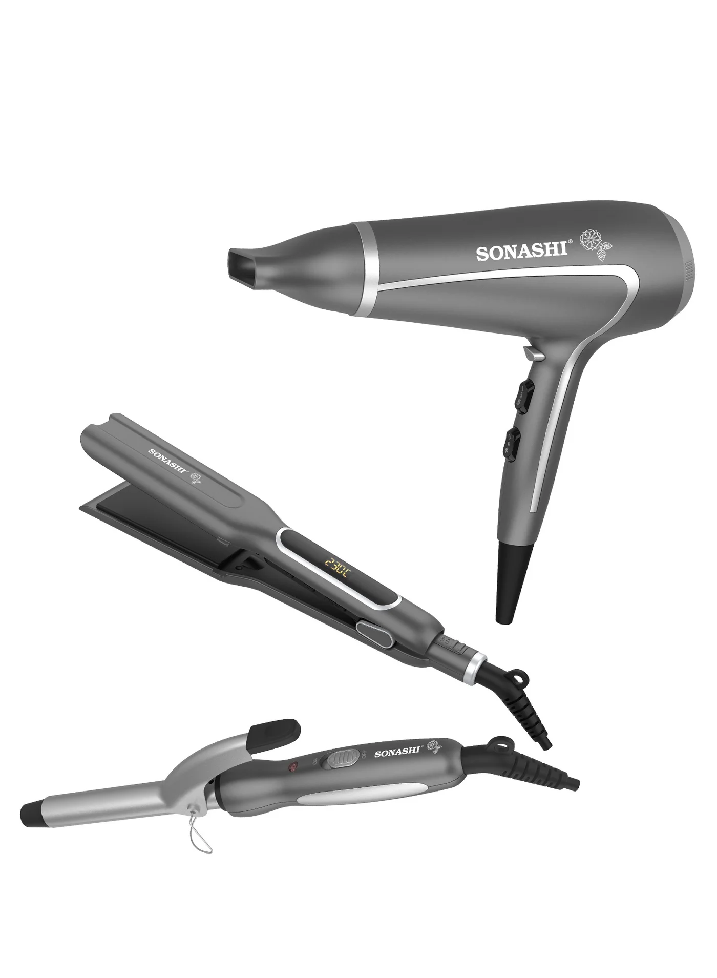 Sonashi 3-in-1 Hair Styling Set with Dryer Straightener and Curler Ceramic Plates Professional Salon Tool (Grey) dbqxb