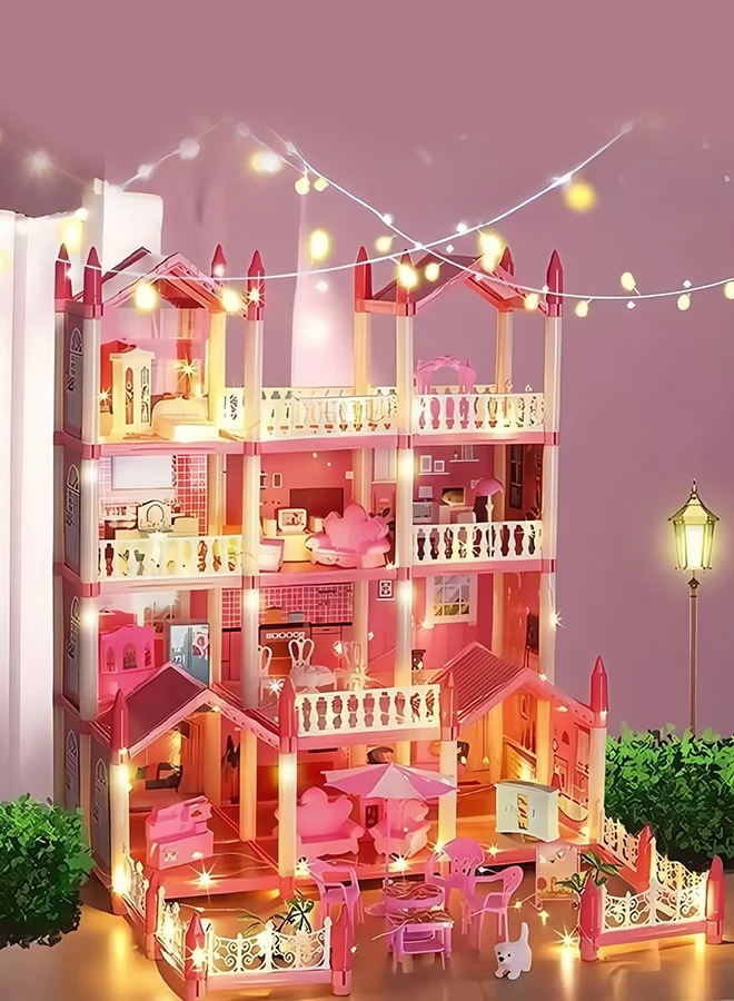 JoyousSto 4-Story Large Dollhouse Play Set with 14 Rooms and LED Light Strips (Pink, 1 Set) e3fw4