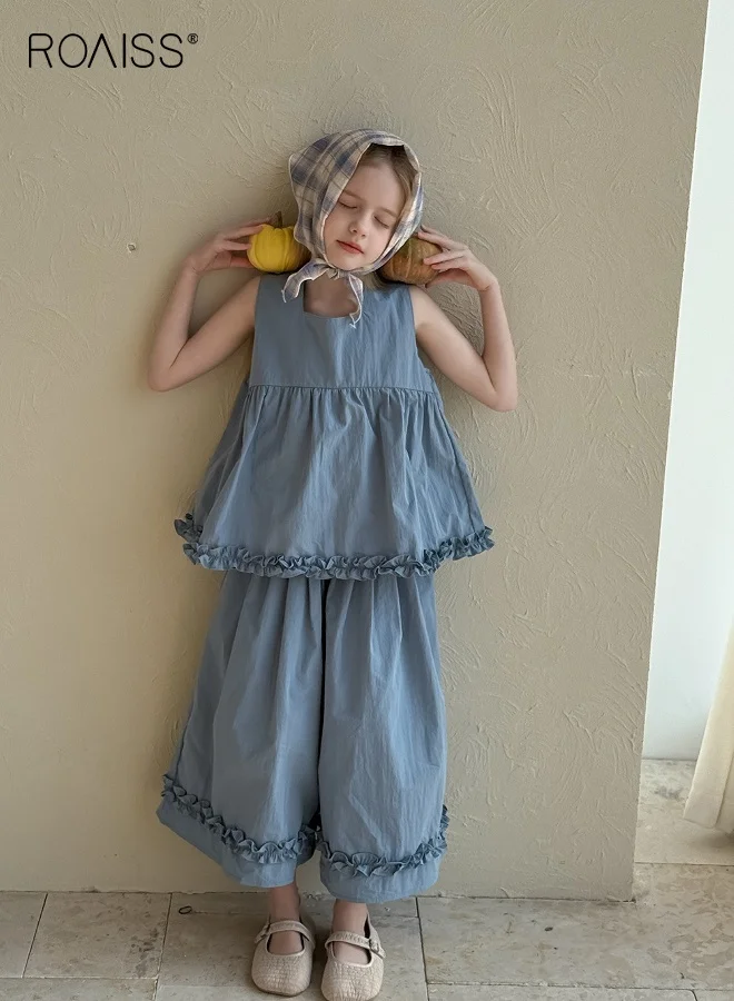 Roaiss Girls Camisole and Wide Leg Pants Set Ruffled Hem Summer Outfit (Pink, 120cm) 6nm1m