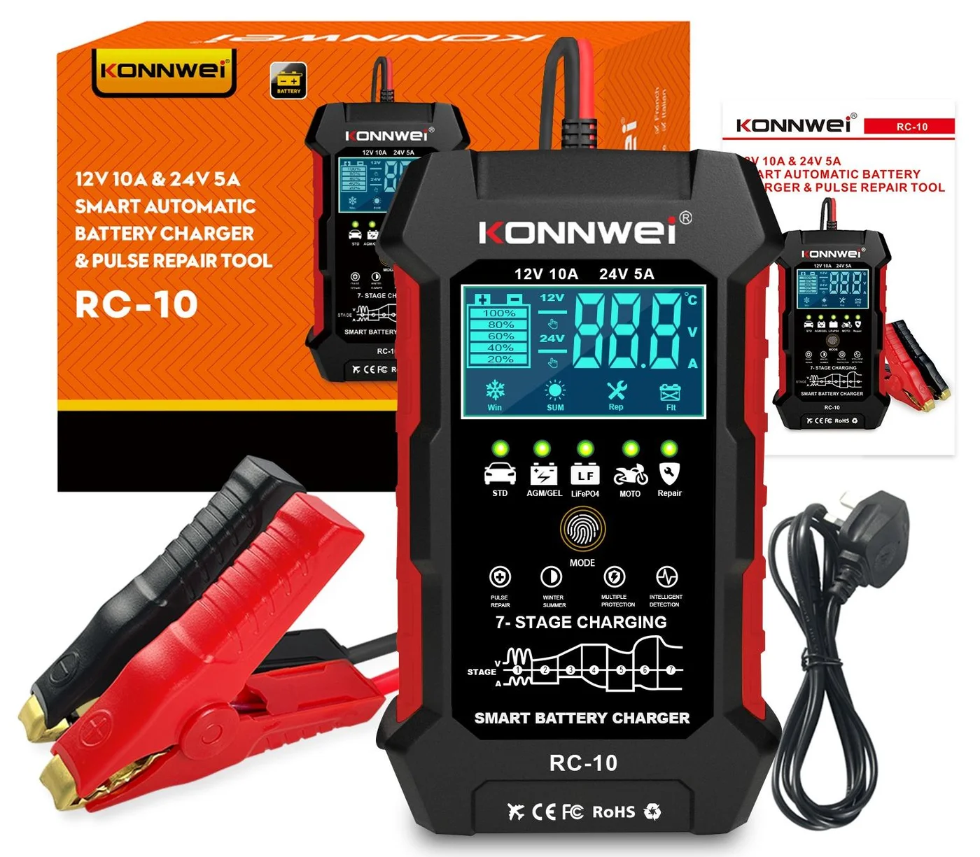 Konnwei Smart Battery Charger 12V 10A 24V 5A Automatic Pulse Repair for Car Truck Motorcycle Marine Lead Acid Batteries 66yxa