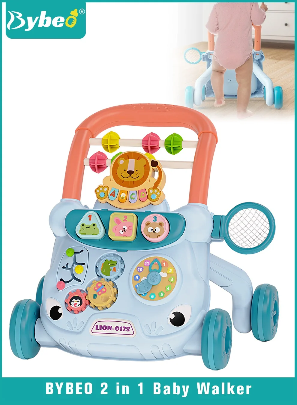 Bybeo 2-in-1 Sit-to-Stand Baby Push Walker and Educational Activity Center with Removable Interactive Learning Panel (For Toddlers) mn8to
