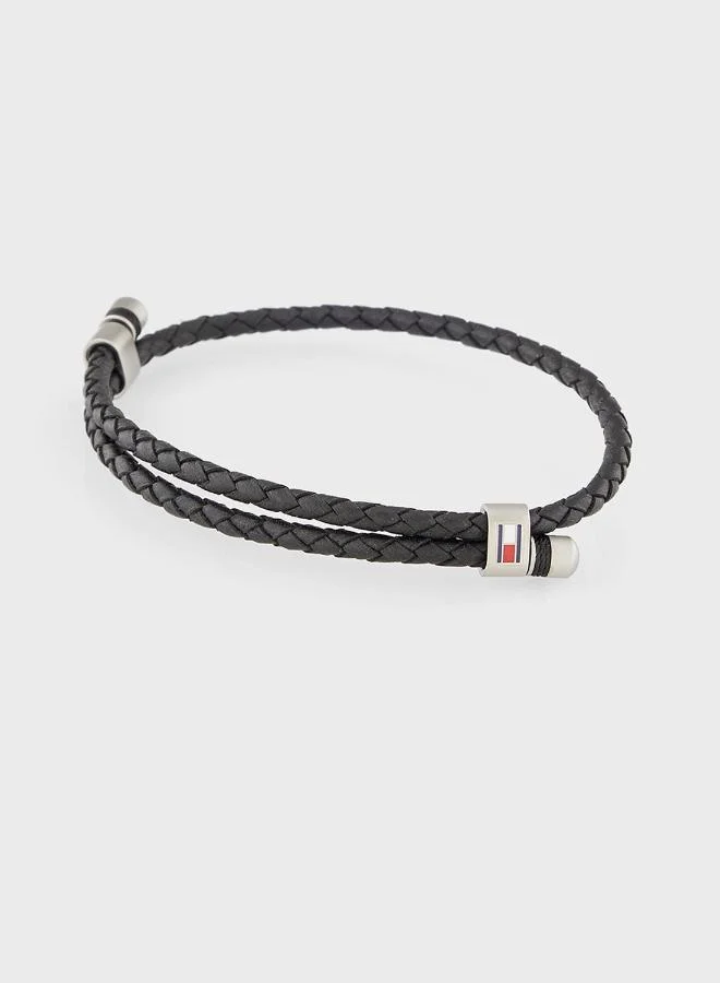 Premium Mens Double-Wrap Braided Leather Bracelet (Black, 21 cm) l98jn