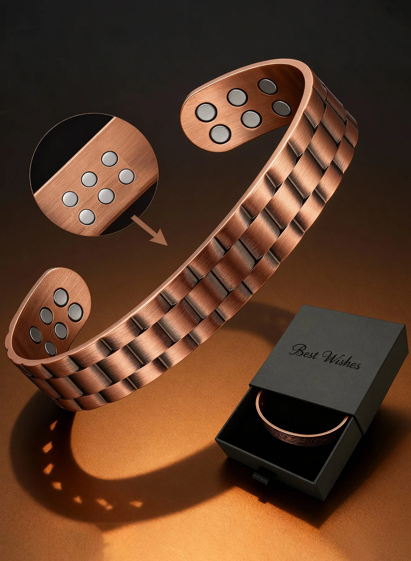 FIORICASA Pure Copper Magnetic Cuff Bracelet for Men (18 Magnets, Adjustable 17.5 cm x 1.5 cm) xzdv1