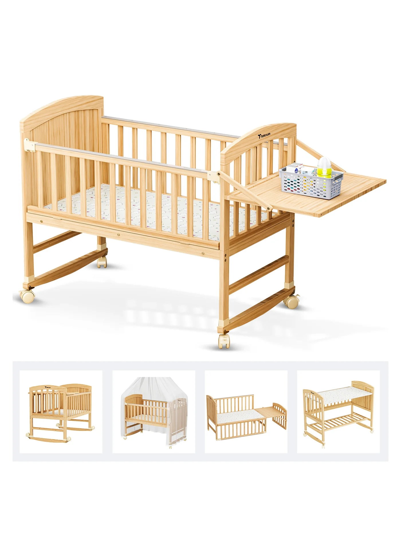 TEKNUM 7-In-1 Convertible Kids Bed with Mattress and Mosquito Net (Natural Wood, 120 cm x 60 cm) hjb3v