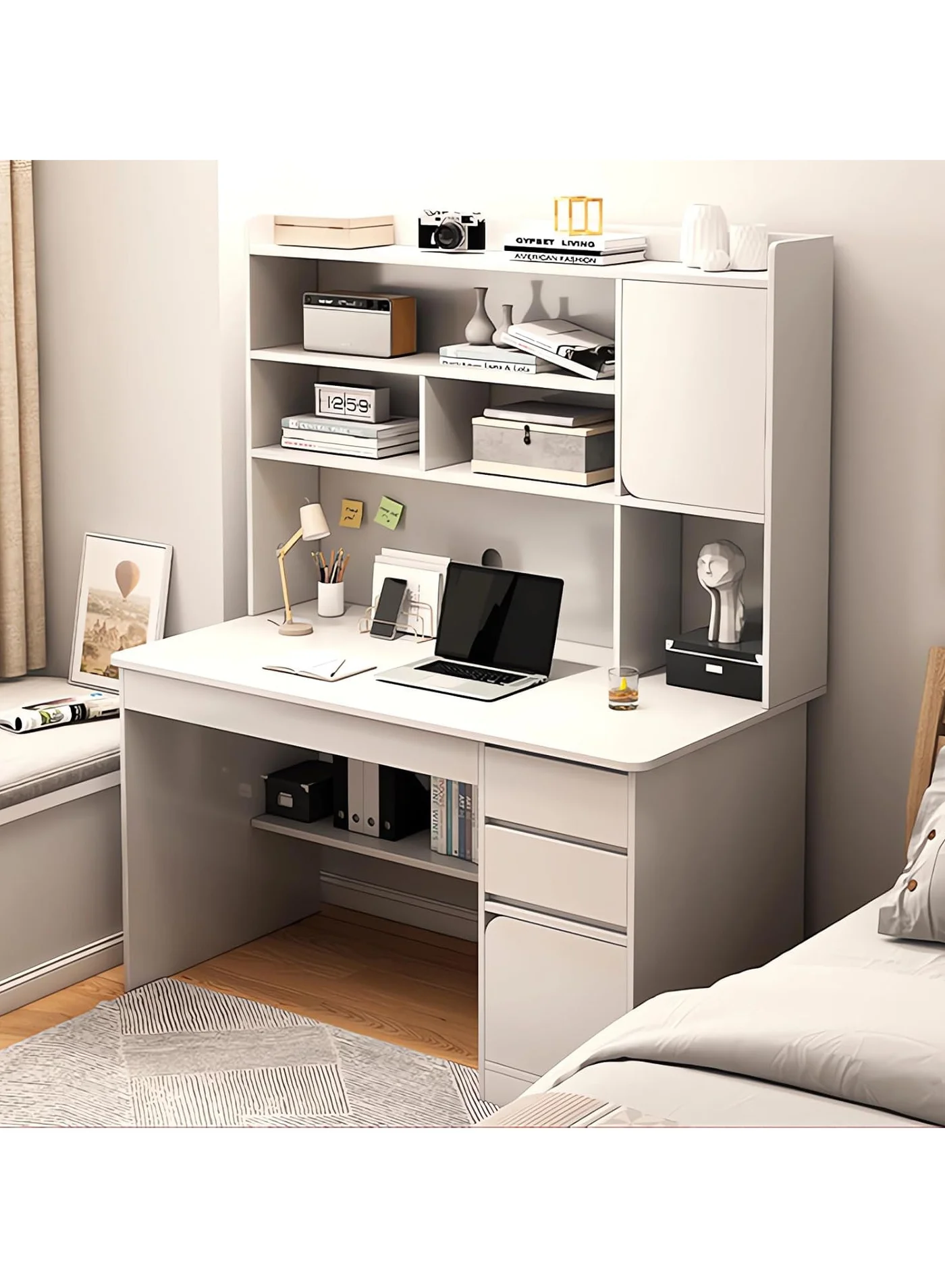 AUTOYSUR Computer Desk with Storage Shelves, Large Standing Study Table for Home Office, Durable Wood Construction (White, 100x45x162cm) jcggp