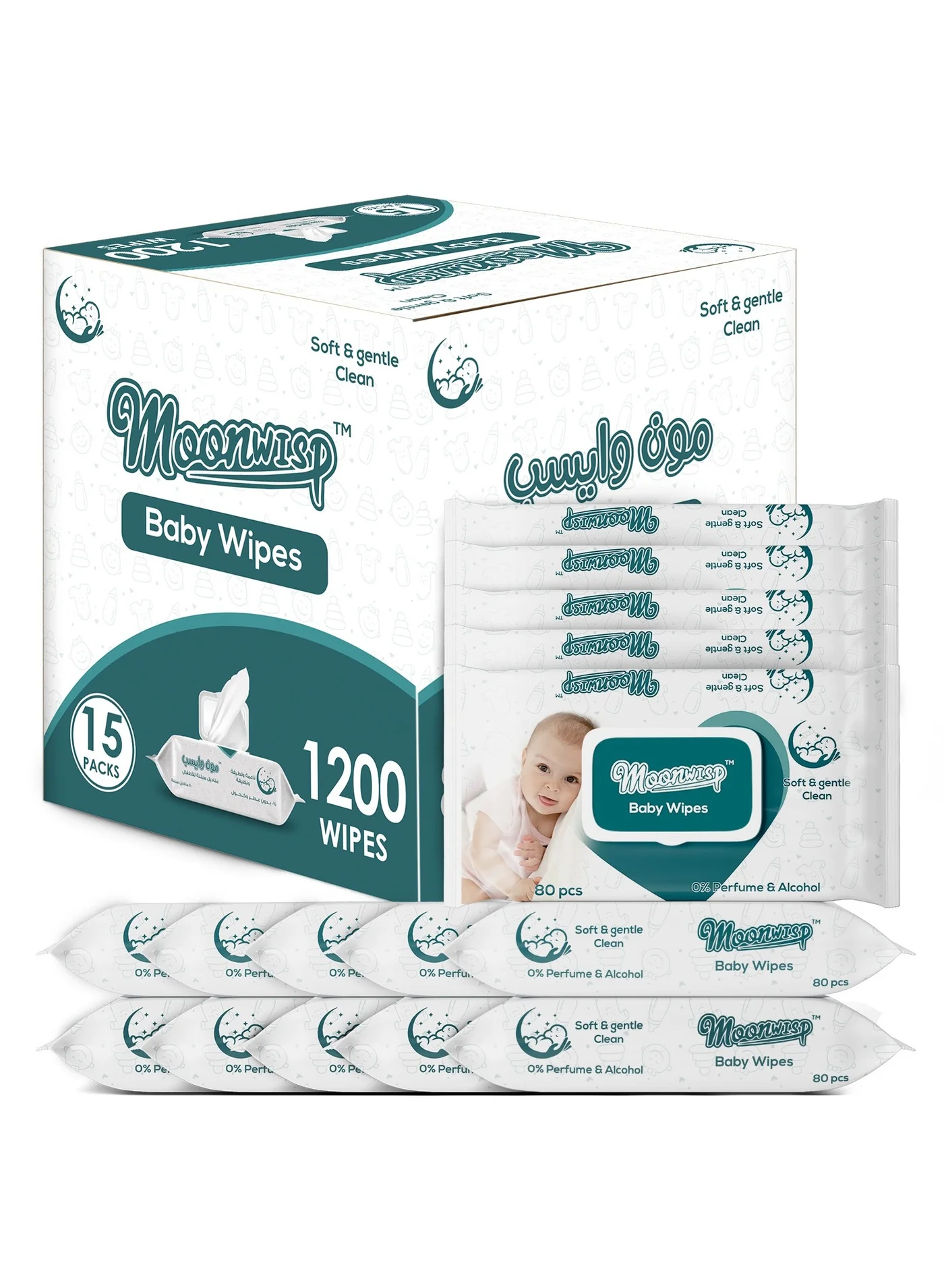 Moonwisp Premium Baby Wet Wipes Unscented Gentle Cleaning Cloths for Sensitive Skin (Pack of 15, 1200 Count) 49se8