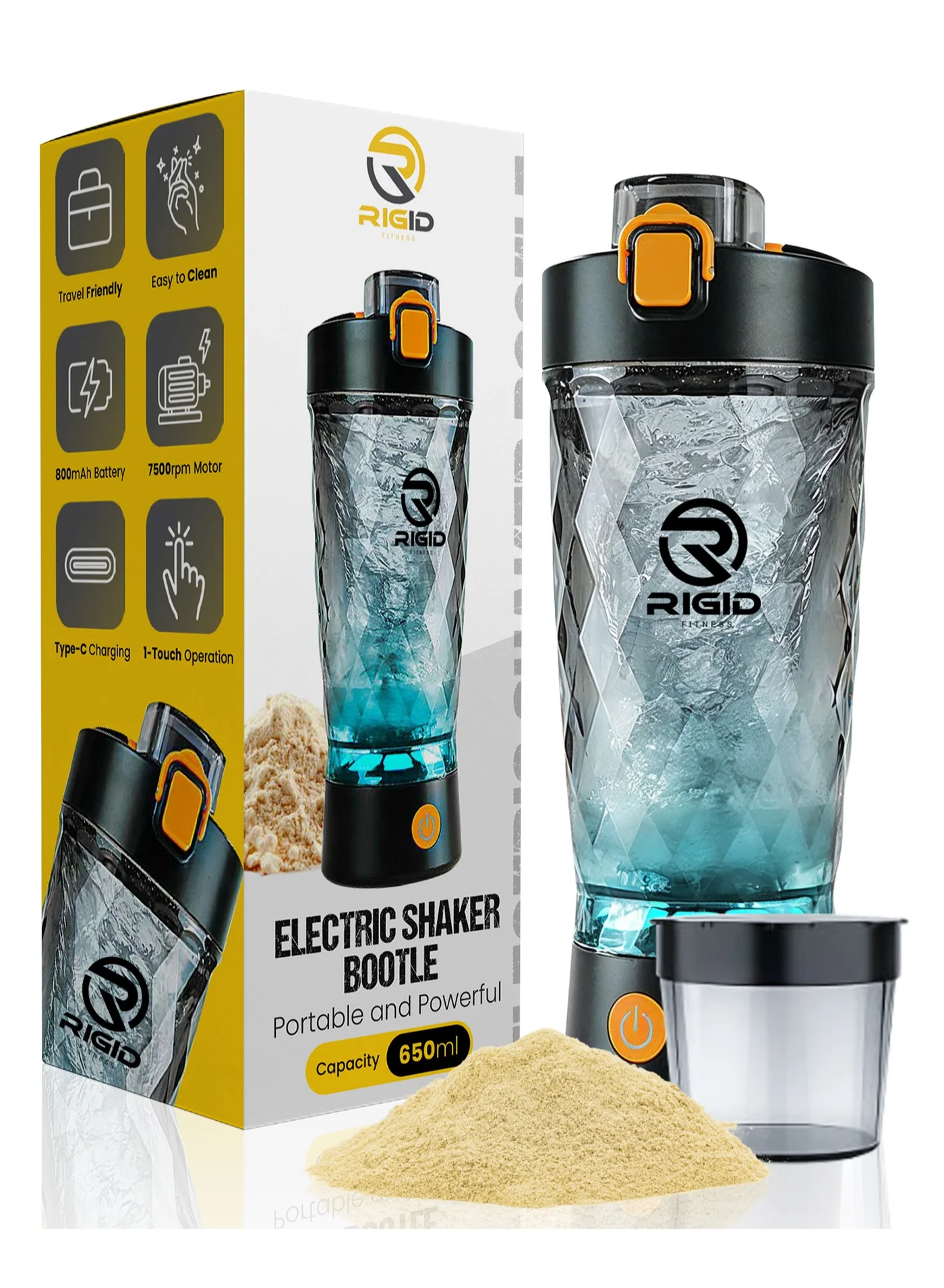 RIGID FITNESS Electric Protein Shaker Mixer Cup with Powder Compartment (BPA-Free Tritan, 650 mL) 5zxvx