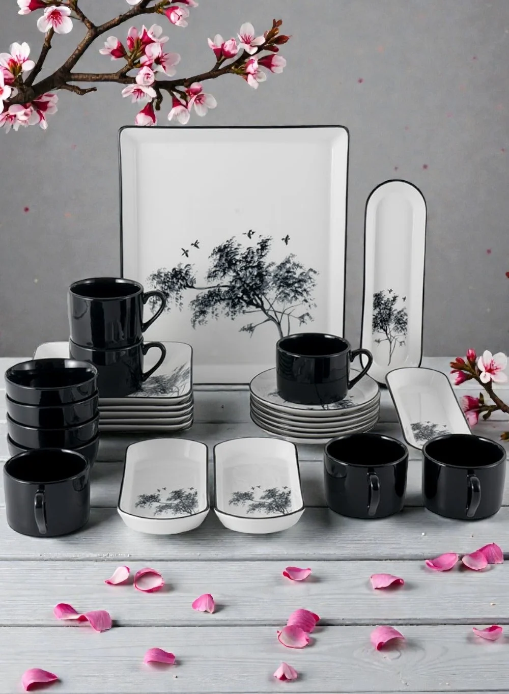 Noon East Porcelain Dinnerware Set (27 Piece, Black Floral, Service for 6) hzcc0