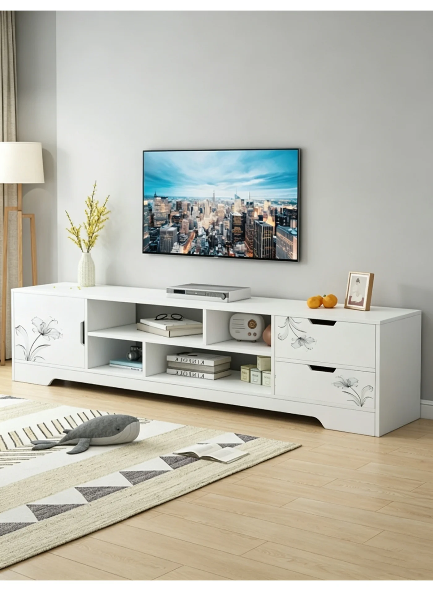 Premium Modern TV Stand for TVs up to 70in, Media Console Table with Drawers and Open Storage Shelves for Living Room and Bedroom (White) cpy1m
