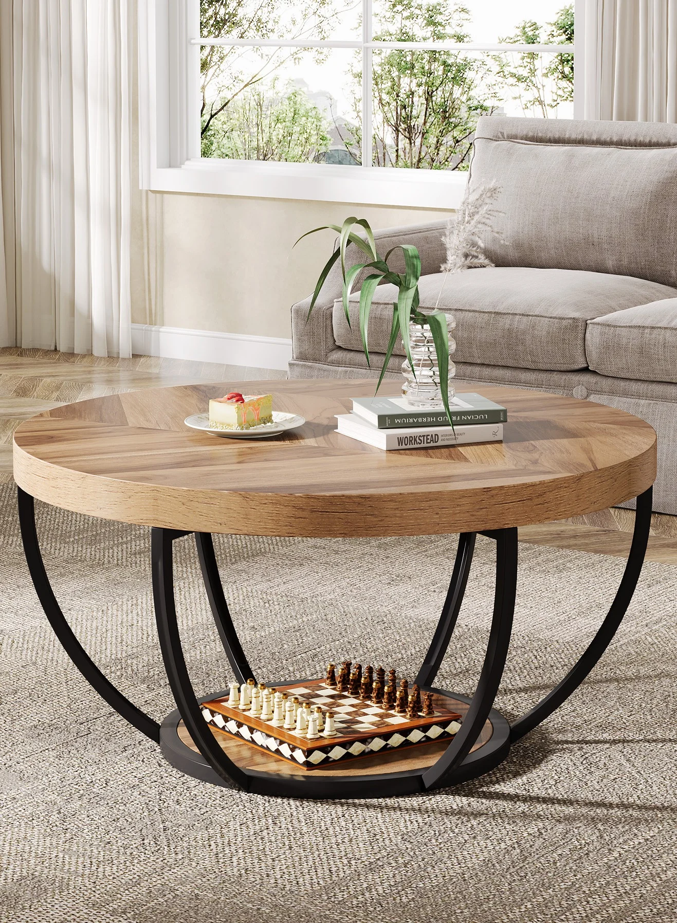 LITTLE TREE Round Coffee Table with 2-Tier Storage Shelves, Modern Wood Center Table for Living Room, Metal Accent Tea Table (80 cm Diameter) ggu3g