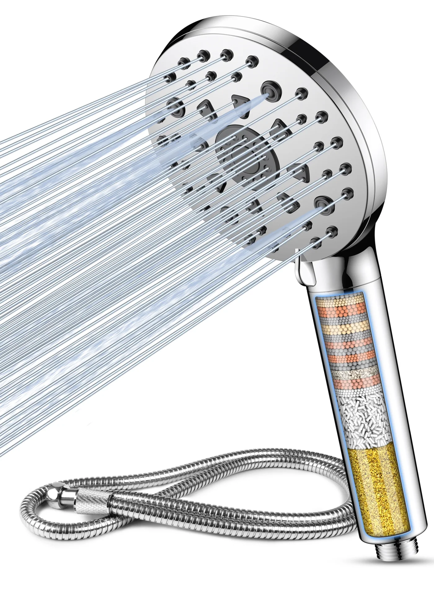 Premium 15-Stage Filtered Shower Head with 7 Spray Modes and 1.5M Hose (Silver, Universal Fit) hkln2