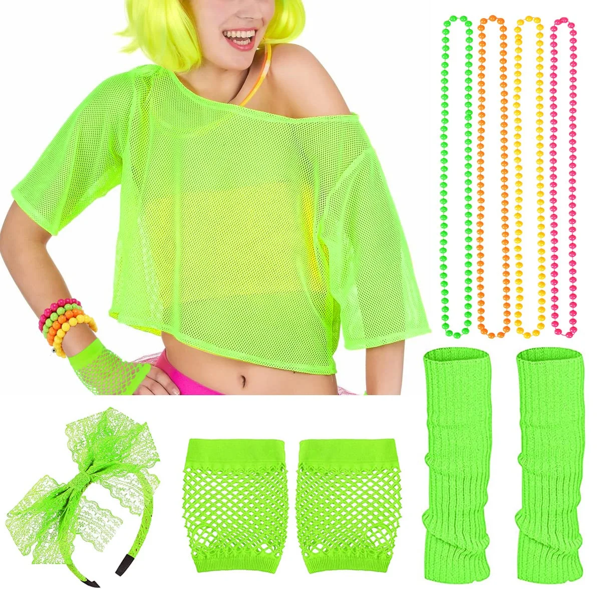 iZoeL 80s Retro Disco Costume Accessory Set Neon Party Outfit for Women (Multi-Color, One Size) f7l4b
