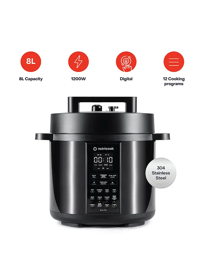 Nutricook Smart Pot 2 Electric Pressure Cooker 9-in-1 Multi-Cooker with 12 Smart Programs (Black, 8 L) tigna