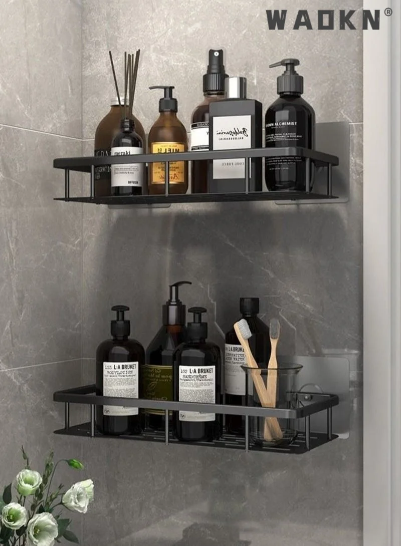 WAOKN Adhesive Shower Caddy Wall Mounted Stainless Steel Floating Storage Shelves (Black, 2 Pack) b27ou