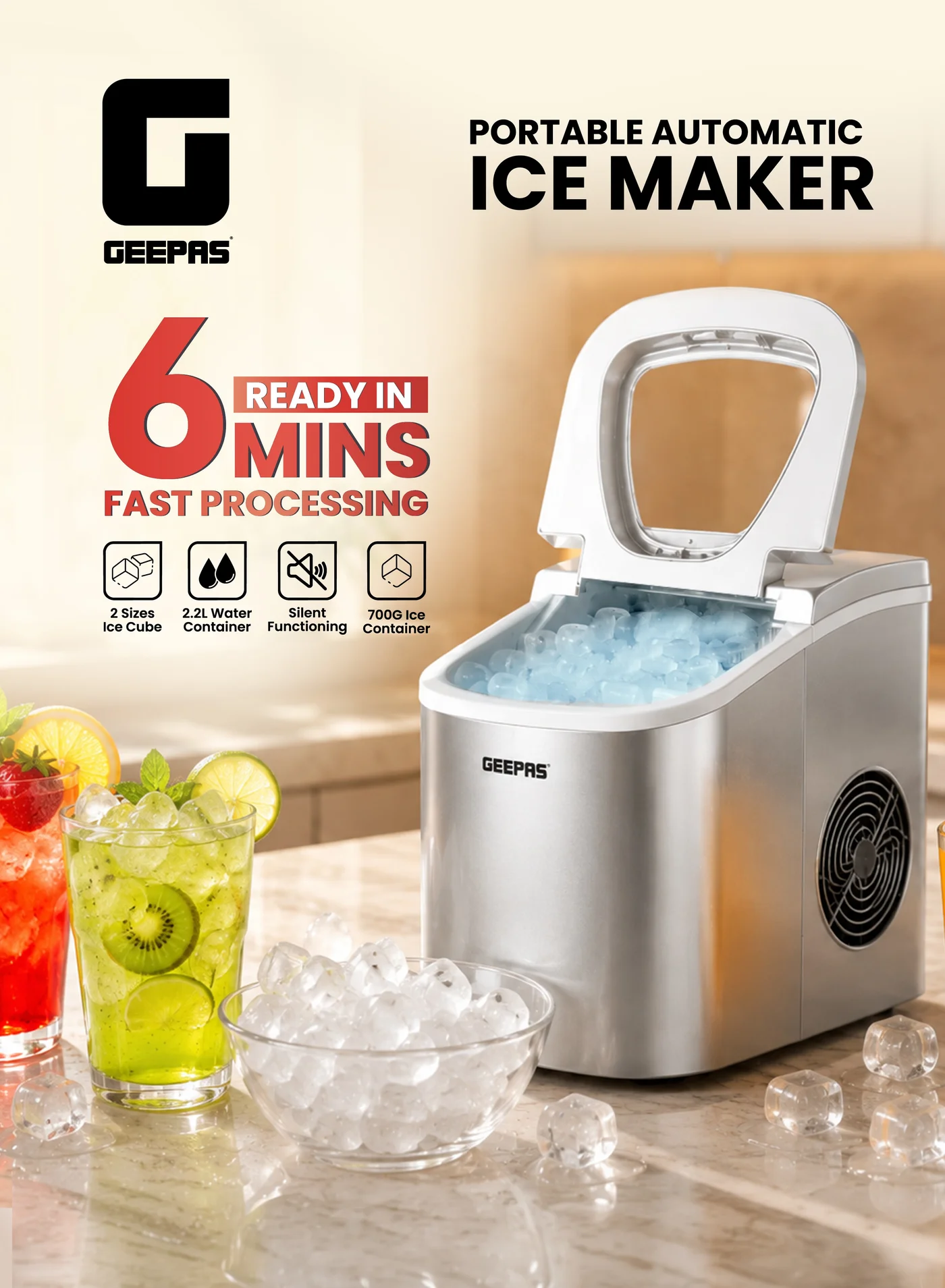 Geepas Portable Automatic Ice Maker Machine Compact Electric Countertop Ice Cube Maker for Home Kitchen Office (Silver, 2.2 L) 466re