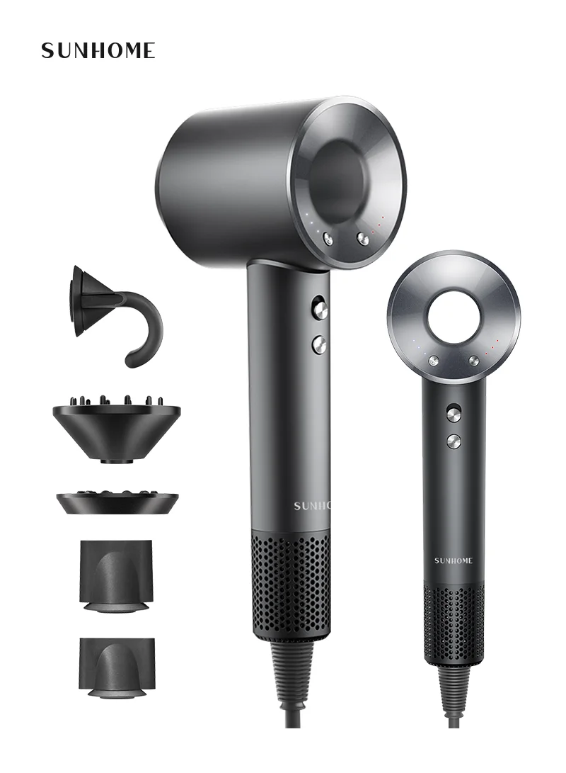 Sunhome Professional High-Speed Hair Dryer with 5 Attachments and Negative Ion Technology (Black, 110000 RPM) yk2sg