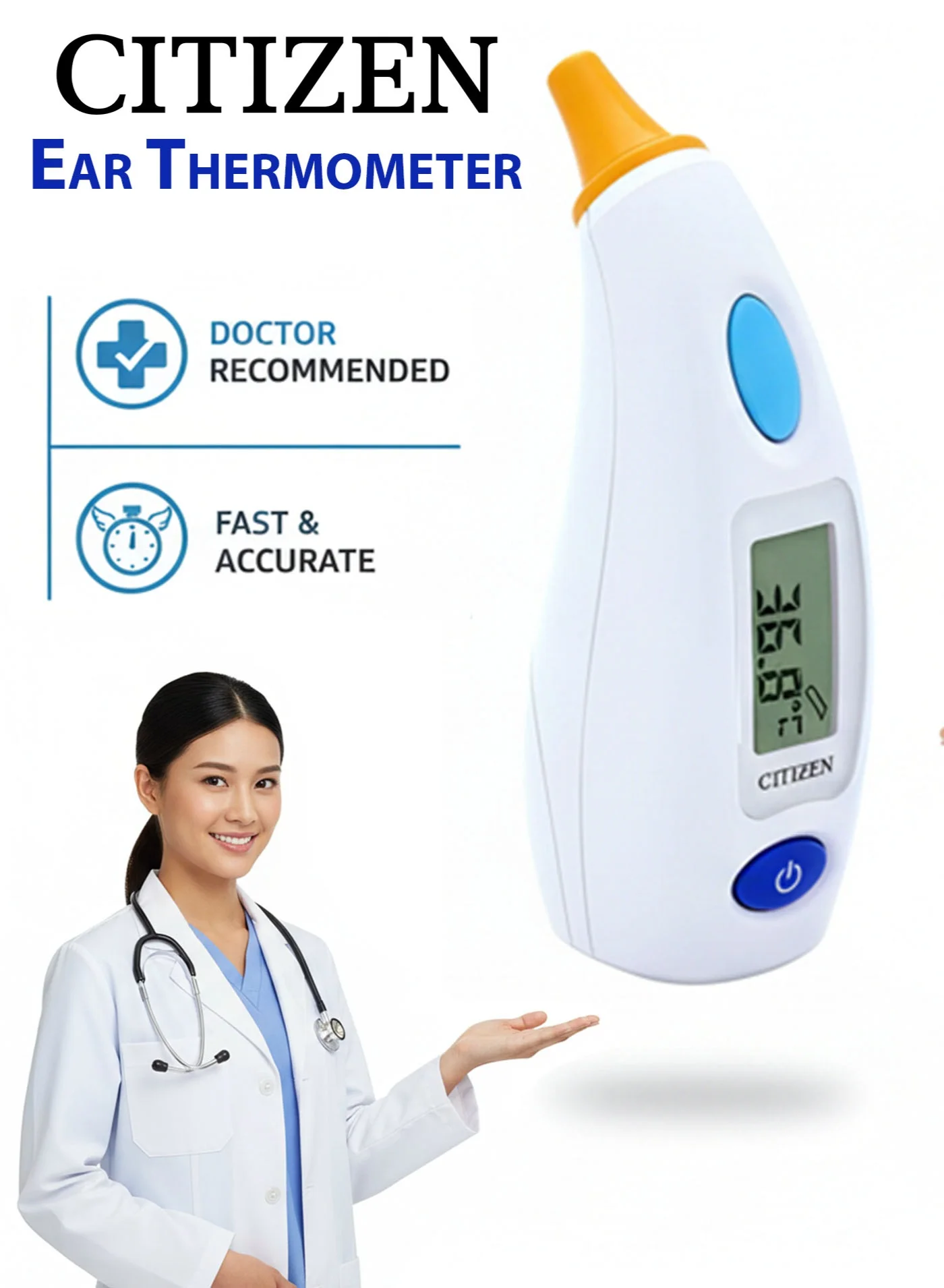 CITIZEN CTD504 Infrared Ear Thermometer Digital Fever Monitor with Antibacterial Probe and Memory Recall (1 Unit) k5lnk
