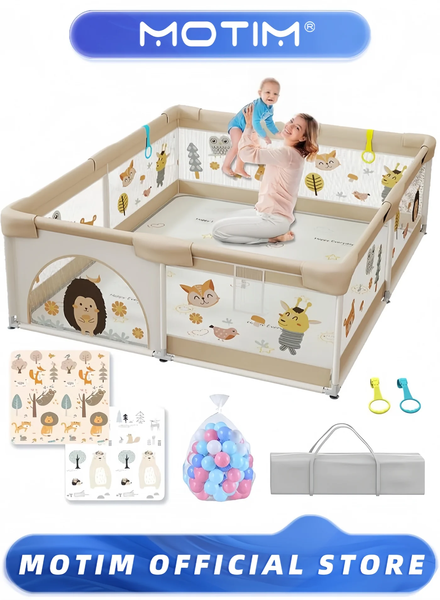 Motim Baby Playpen with Play Mat (180 x 200 cm, Animal Print) Breathable Mesh Safety Fence for Infants and Toddlers w12tx