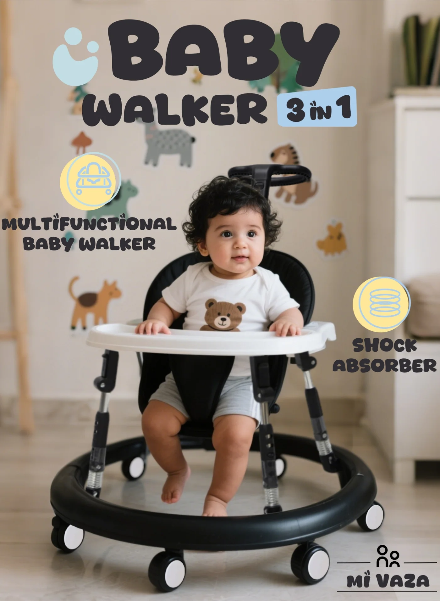 Mi VAZA Foldable Baby Walker 3-in-1 Adjustable Height Activity Center with Push Handle and Food Tray (Black and White) hq081