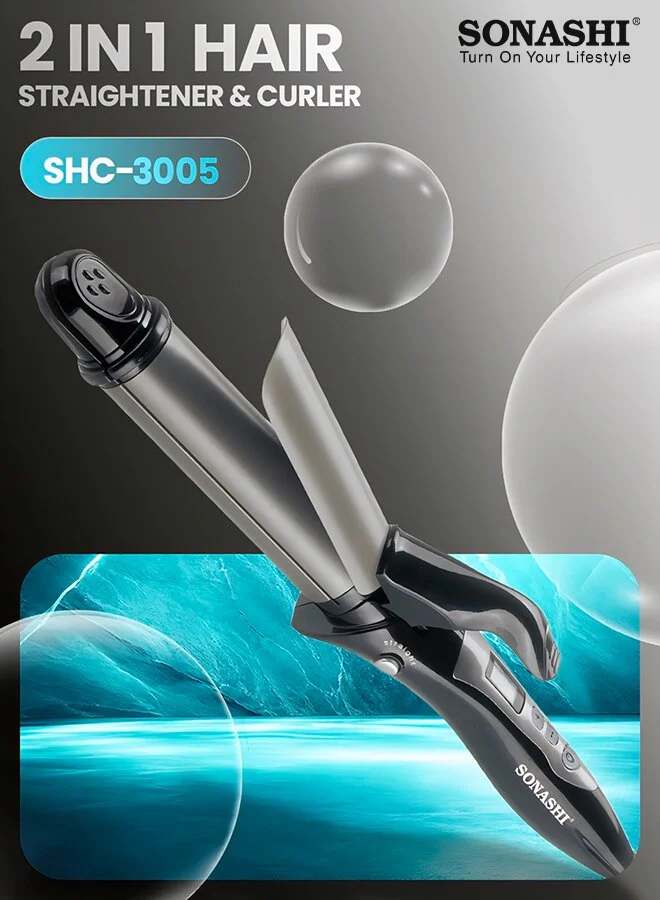 Professional 2-in-1 Hair Curler and Straightener with Ceramic Coated Barrel, LED Display, 360 Swivel Cord, 45W Power (Grey, 300g) 1rnbq