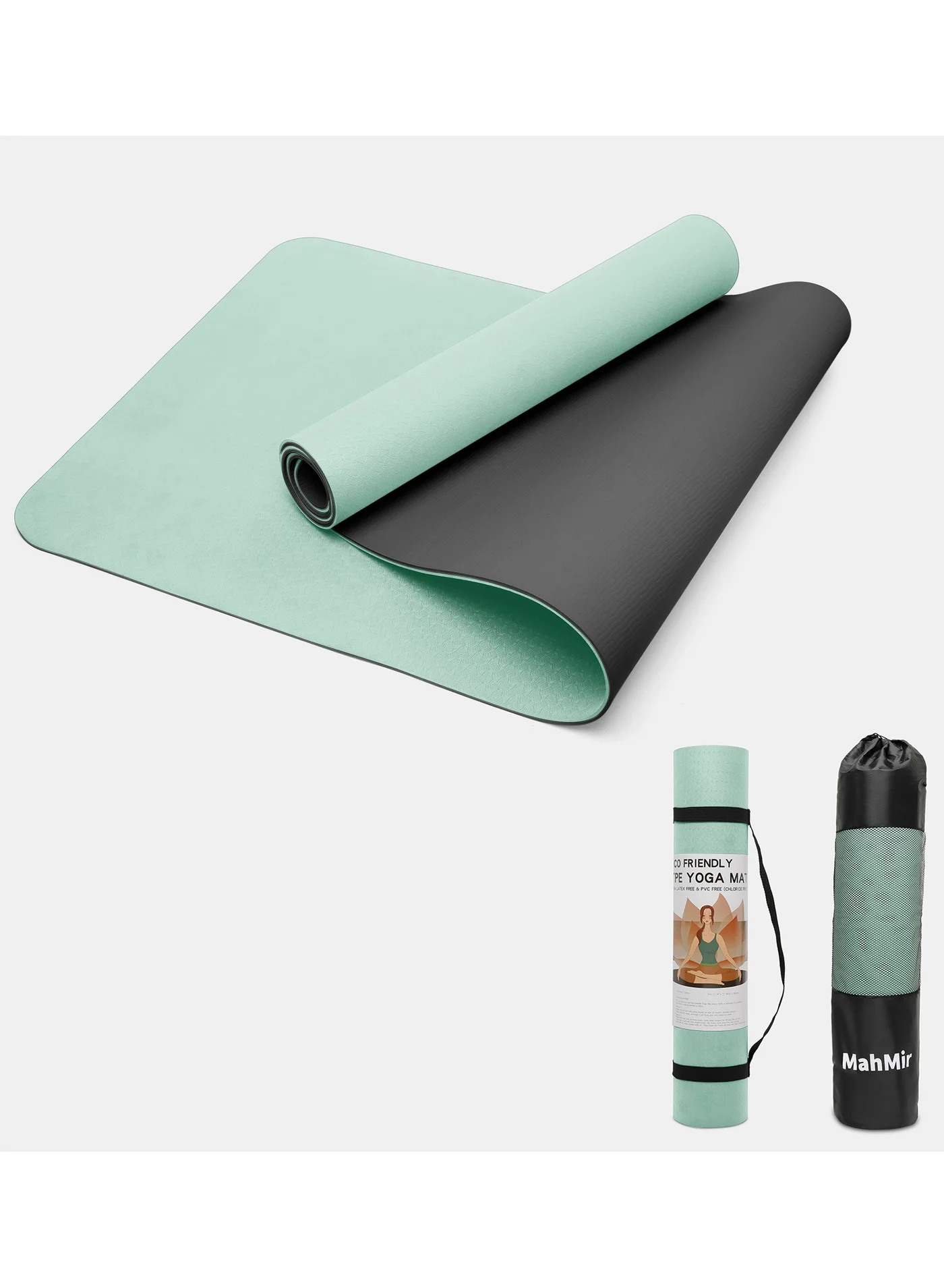 MahMir Non-Slip Yoga Mat Premium Fitness Exercise Pad with Carrying Bag (Light Green/Black, 183cm x 61cm x 6mm) c9vp0