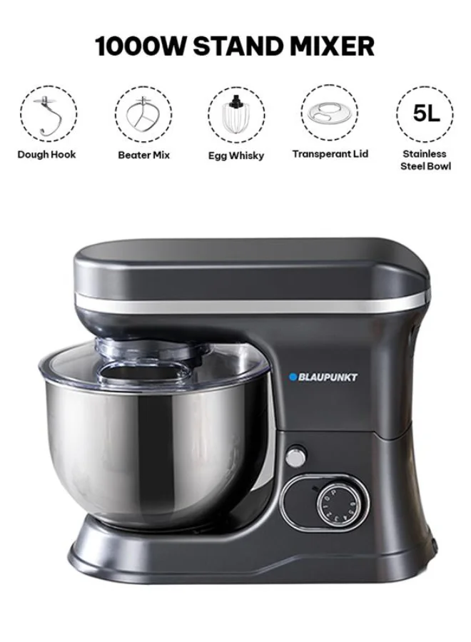 Blaupunkt Stand Mixer 1000W 6-Speed Kitchen Appliance with 5L Stainless Steel Bowl (Black, 5 L) jrvgg