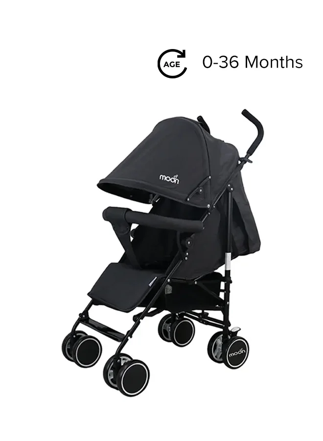 Moon Lightweight Travel Stroller, Compact Umbrella Fold Design with Multi-Recline Seat and Storage Basket (Black, 18 kg Capacity) riyc9