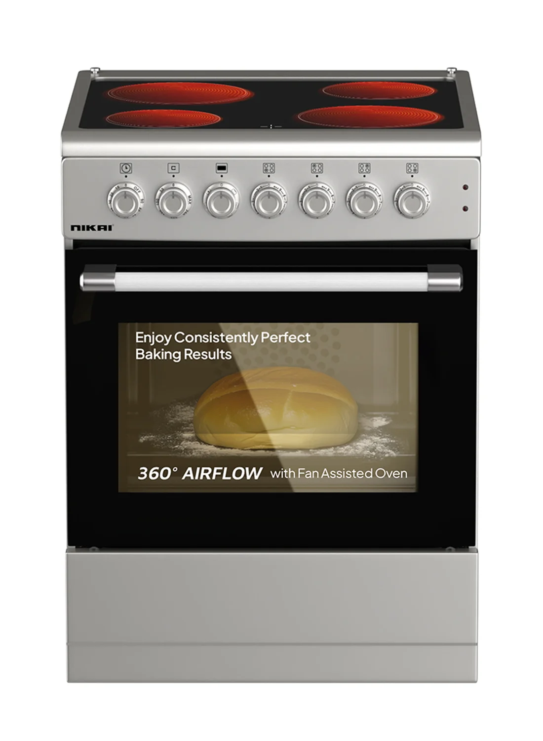 NIKAI 60x60cm Electric Cooker Ceramic 4-Zone Cooking Range with Double Glass Oven and Digital Programmer (Silver) v6z84