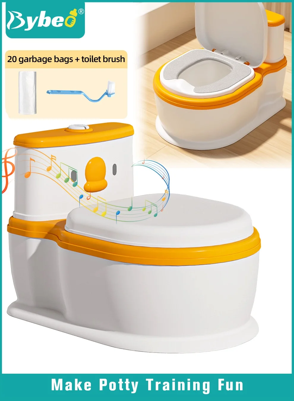 Bybeo Baby Potty Training Seat Realistic Toddler Toilet with Lid and Cleaning Brush Set (Unisex, 1 Set) k77pr