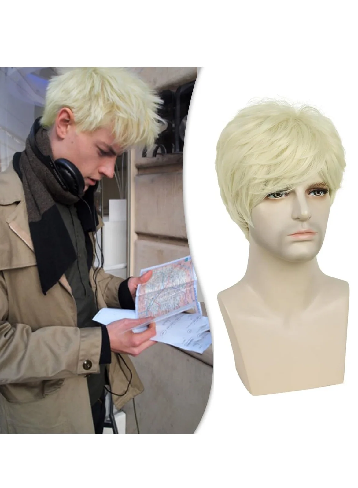 KASTWAVE Men Short Synthetic Hair Wig Retro 70s 80s Style Cosplay Costume Accessory (White Blonde, One Size) 1r3df